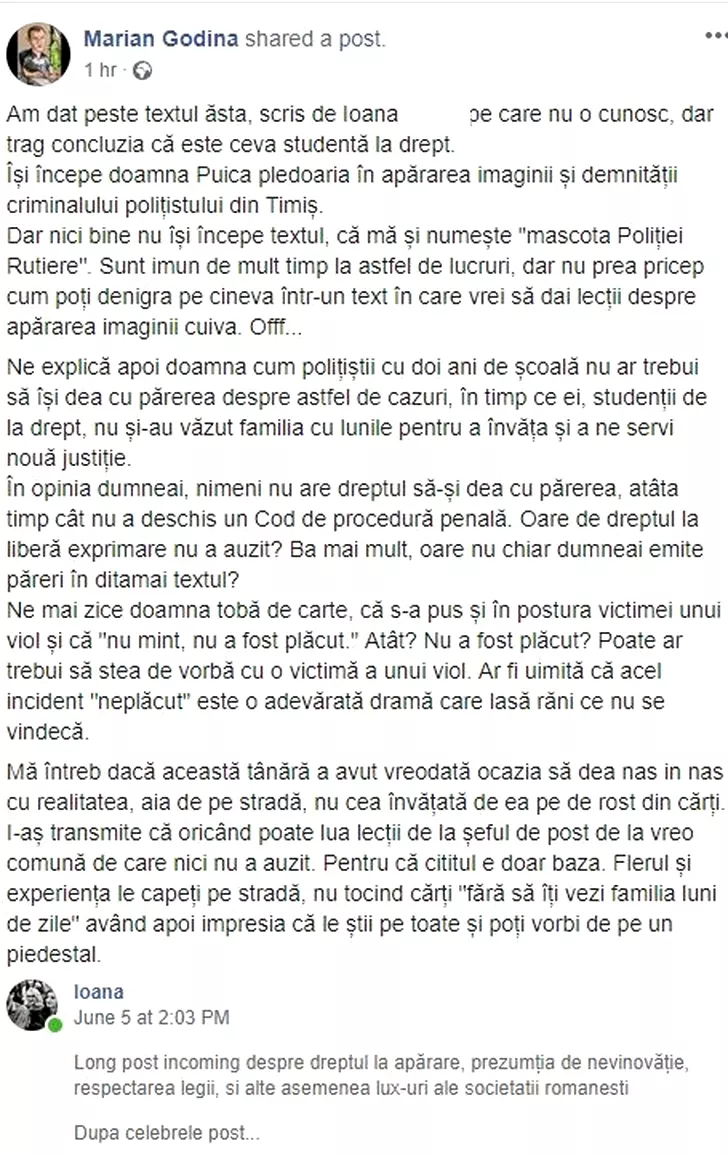 Marian Godină, derapaj pe facebook în cazul morții lui Ioan Mircea Lepa *foto: captură facebook