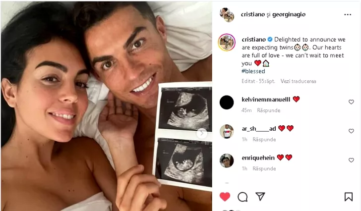 Cristiano Ronaldo și Georgina anunță că vor avea gemeni - 32,602,914 aprecieri.