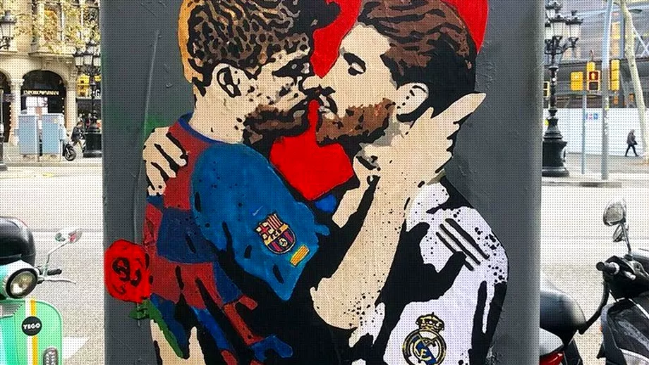 Imagine controversata pe strazile Barcelonei inainte de El Clasico Pique si Sergio Ramos se saruta intrun graffiti VIDEO
