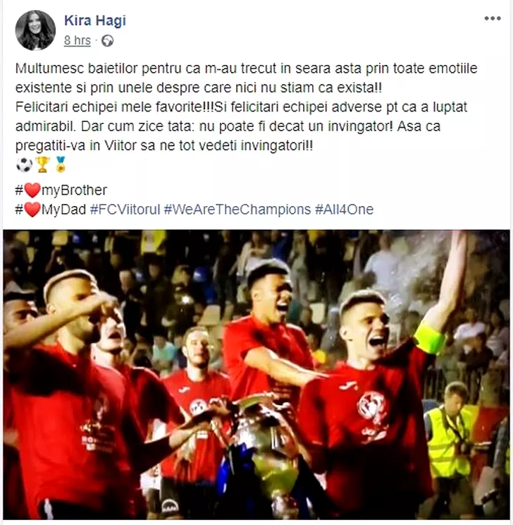 Kira Hagi, mesaj emoționant după finala Cupei României Pregătiți-vă în Viitor să ne vedeți învingători! 