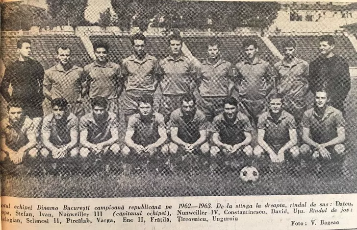 Dinamo, campioana sezonului 1962-1963. Constantin „Flencea” David este penultimul din dreapta din rândul de sus. Mai apar în poză frații Nelu și Lică NunweillerSursa foto: arhiva clubului Dinamo