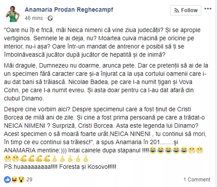 Scandal uriaş între Cornel Dinu şi Anamaria Prodan. Mesajul postat pe Facebook de agenta de jucători după ce a fost criticată de Cornel Dinu. Prodanca îl face praf pe dinamovist pe Facebook