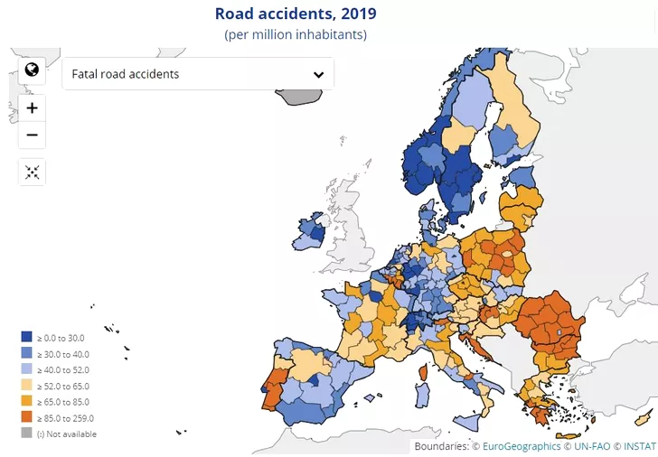 Cum arată harta accidentelor fatale din 2019. Sursa foto: Eurostat.