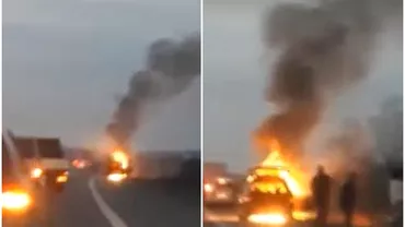 O masina cu trei pasageri a luat foc in mers pe autostrada Bucuresti  Pitesti Pompierii au intervenit