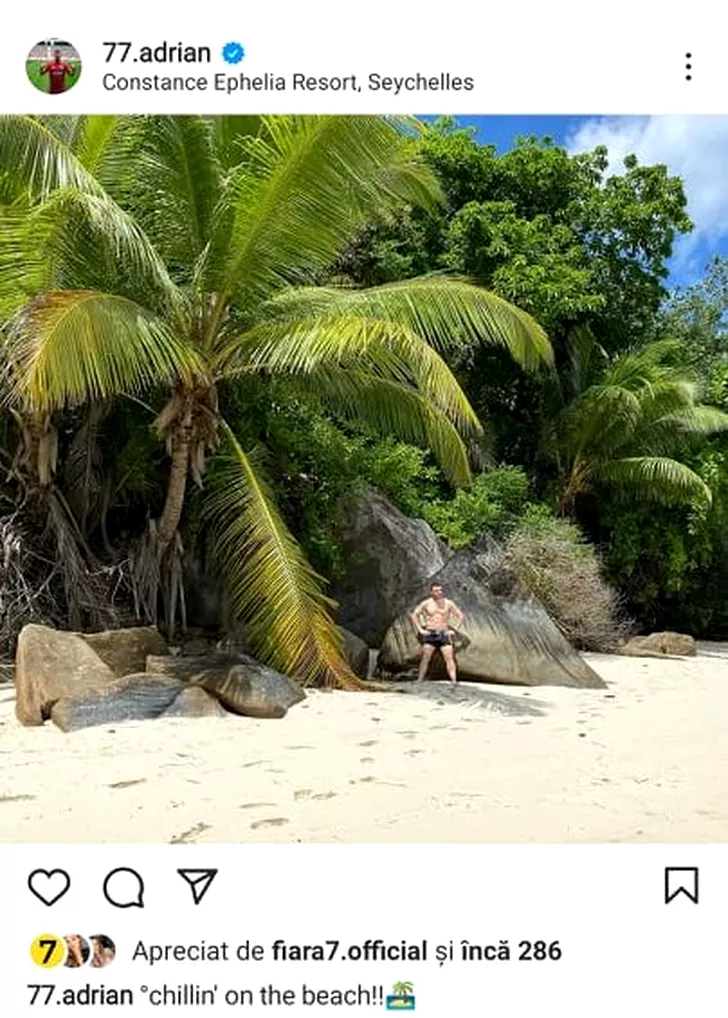 Adi Popa se relaxează pe plajele din Seychelles departe de frigul din România. Sursă foto: Instagram Adi Popa