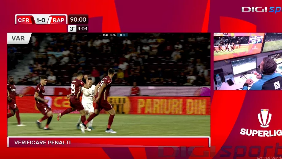 Faza fierbinte judecata cu VAR in minutul 904 al meciului dintre CFR Cluj si Rapid Coltescu a stat trei minute la ecran Video