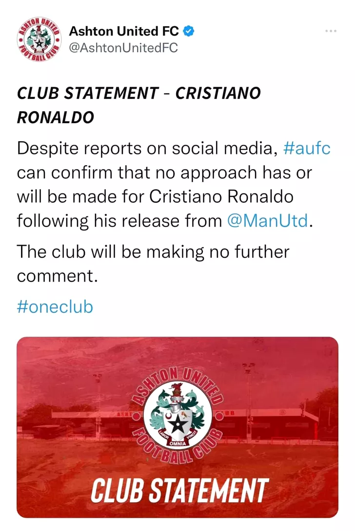 Comunicatul oficial al lui Ashton United FC cu privire la Cristiano Ronaldo