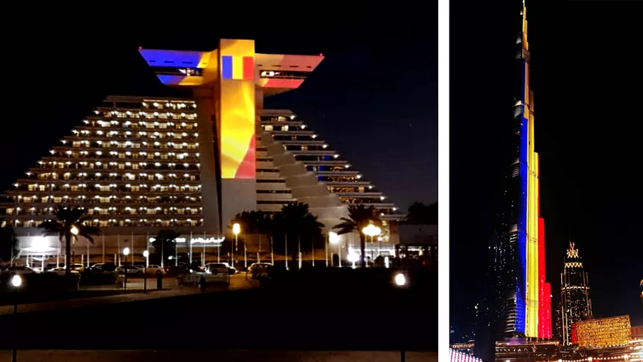 Gest superb al arabilor de 1 decembrie  tricolorul romanesc proiectat pe cladiri emblematice din Doha si Dubai