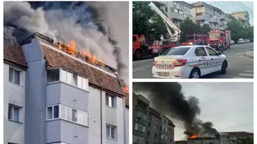 Video Incendiu puternic in Slatina Acoperisul unui bloc a luat foc Pompierii au intervenit