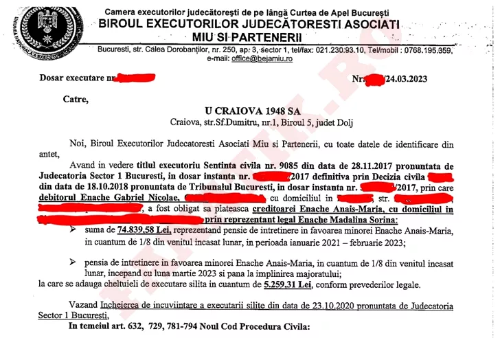 Dovada plăţii pe care FC U Craiova a făcut-o pentru Gabi Enache pentru executorul judecătoresc. Sursa foto: Fanatik