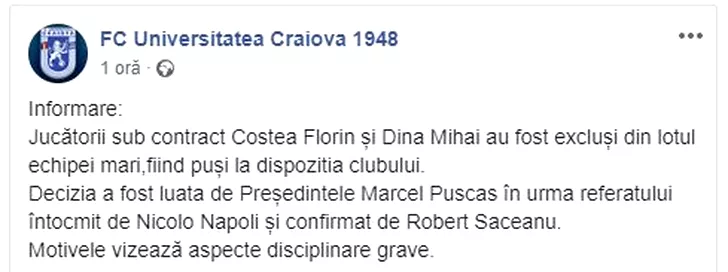 Mesajul postat de FC U Craiova 1948 pe pagina oficială de Facebook