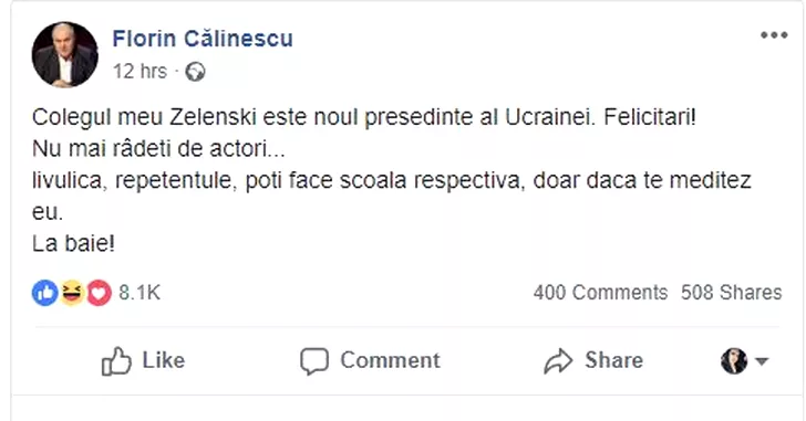 Mesajul postat de Florin Călinescu pe pagina sa de Facebook