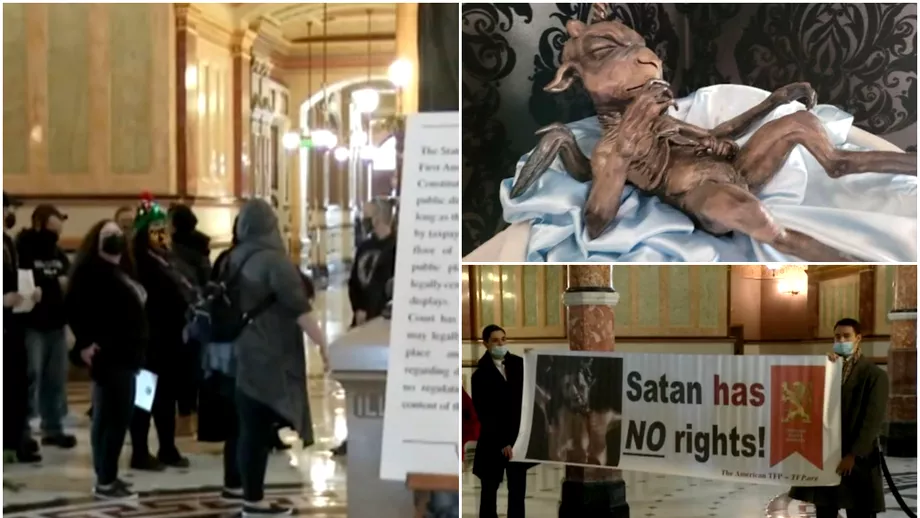 Craciun cu satanisti in parlamentul statului Idolul Bafomet asezat langa scena Nasterii Domnului
