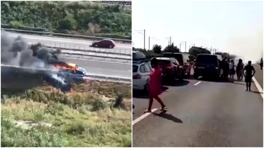 O masina a luat foc pe Autostrada Soarelui Traficul a fost paralizat pe sensul catre Bucuresti