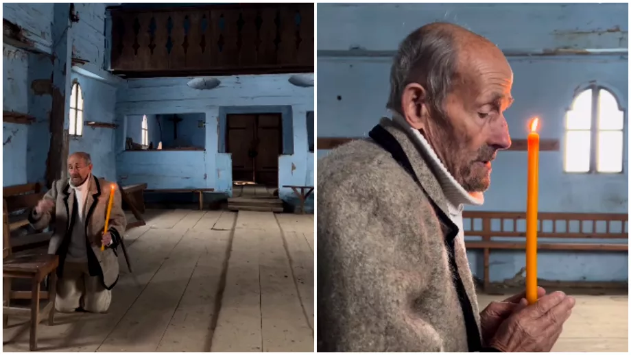 El este Vasile romanul de 93 de ani care se roaga in genunchi de ziua lui intro biserica parasita dintrun sat din Romania