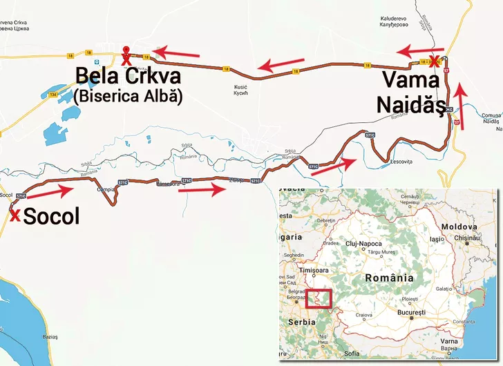 Traseul dezertării lui Belodedici din România în 1988: Socol - Vama Naidăş - Biserica Albă
