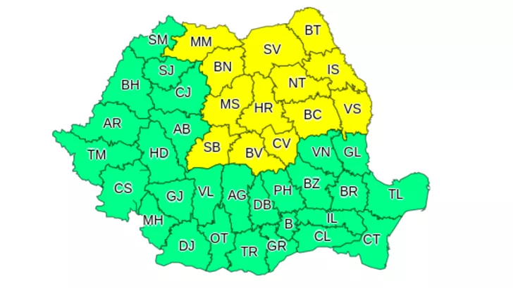 Alertă cod galben ger - Administrația Națională de Meteorologie - harta