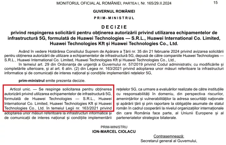 România interzice participarea gigantului chinez Huawei la rețeaua 5G.