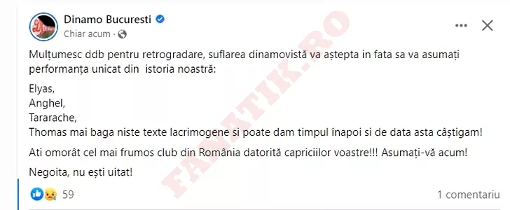 Mesaju postat pe contul oficial de la Dinamo. 