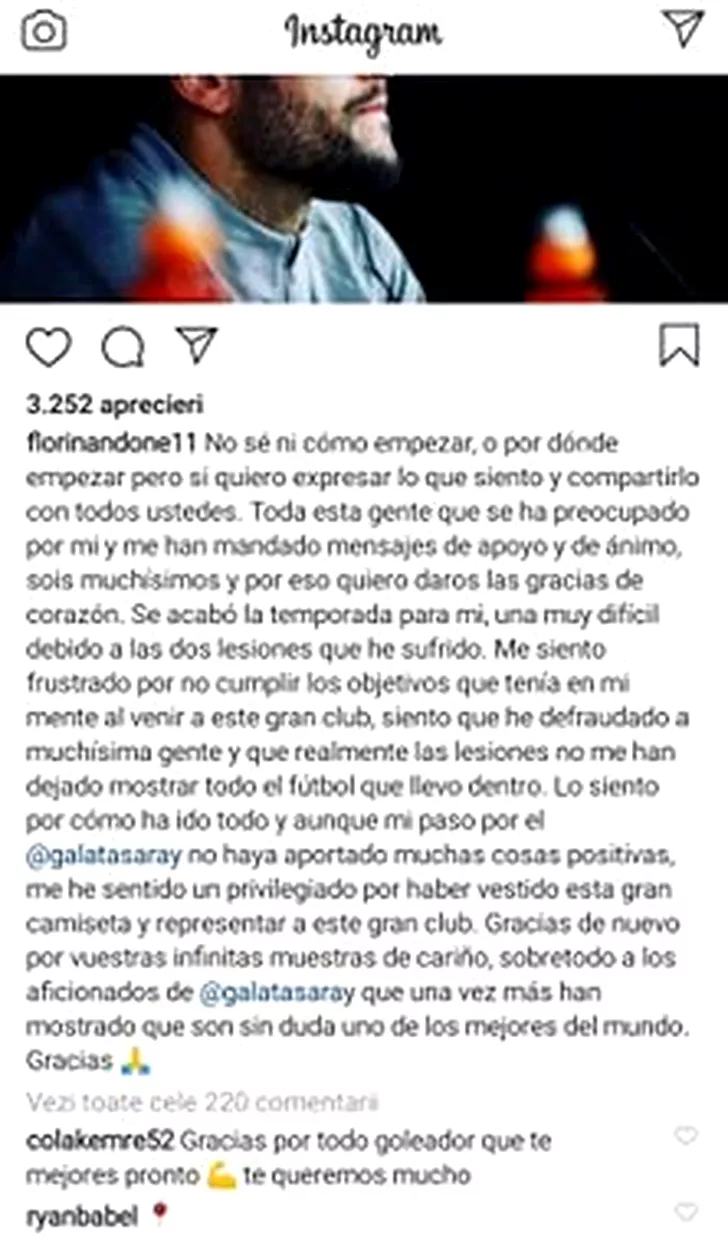 Mesajul lui Florin Andone de pe Instagram. Sursă foto: Instagram