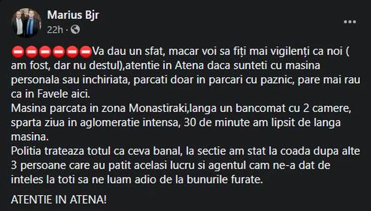Postarea românului păgubit în Atena. Sursa foto: Facebook.