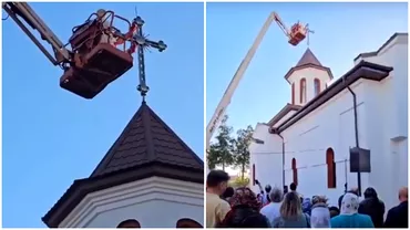 Imagini virale cu IPS Teodosie Arhiepiscopul ridicat cu macaraua pentru a sfinti o biserica Video