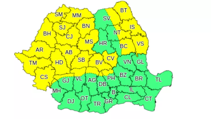 Alertă cod galben ANM, harta județelor vizate de avertizare