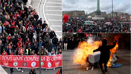 Proteste violente in Franta din cauza cresterii varstei de pensionare Politia din Paris a folosit gaze lacrimogene