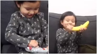 Reactie fabuloasa a unei fetite de 3 ani Ce a facut micuta dupa ce a primit o banana de Craciun
