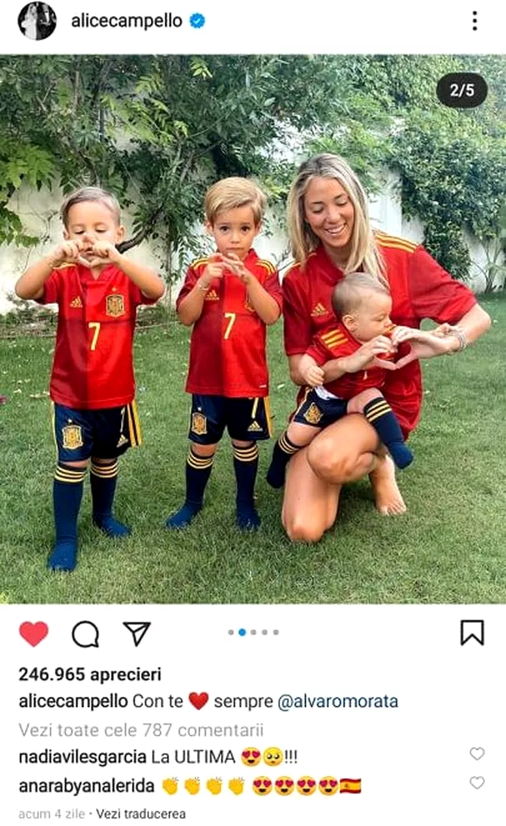 Alice Campello, sotia lui Alvaro Morata si cei trei copii, sustin nationala Spaniei la EURO 2020