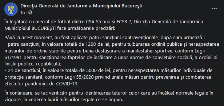 Comunicatul Jandarmeriei Romane dupa meciul dintre CSA Steaua si FCSB II