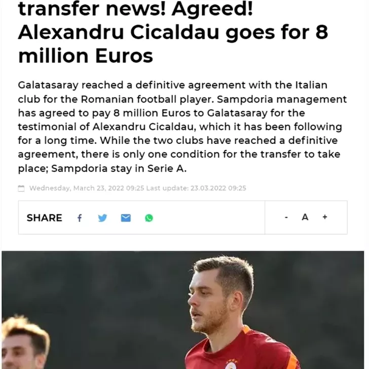 Alexandru Cicâldău va fi vândut în vară la Sampdoria pentru 8 milioane de euro
