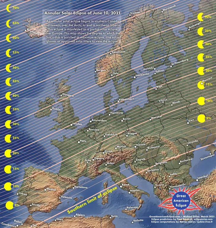 Parcursul eclipsei din 10 iunie 2021 în Europa și România. Sursa foto: greatamericaneclipse.com.