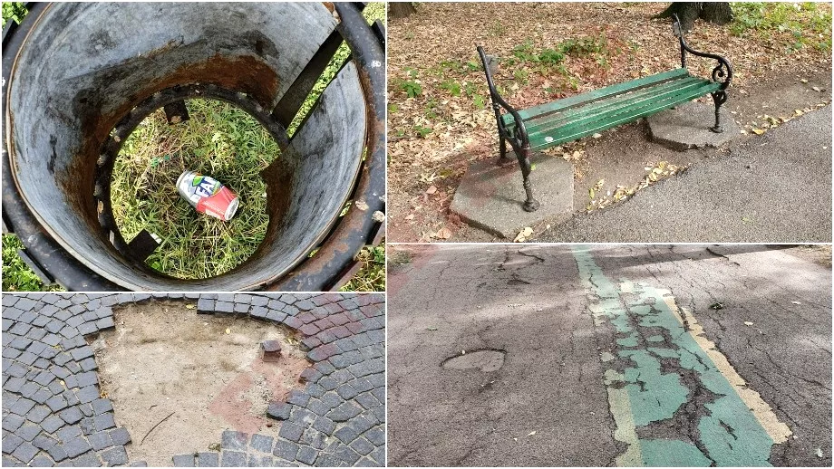 Parcul Herăstrău, lăsat în paragină. Imagini dezolante: bănci legate cu sârmă, coșuri de gunoi fără fund și alei pline de cratere periculoase - Fanatik.ro