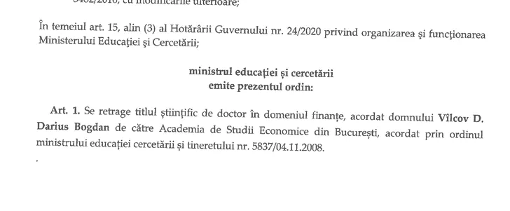 Ordinul de ministru semnat de Monica Anisie, prin care lui Darius Vâlcov in se retrage titlul de doctor în finanțe