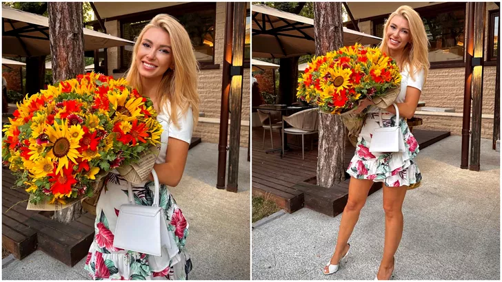 Andreea Bălan cu un buchet imens de flori