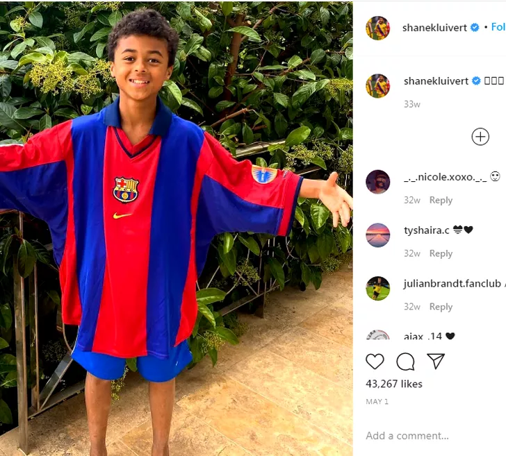 Shane Kluivert, fiul fostului fotbalist Patrick Kluivert, in tricoul Barcelonei. Sursa foto: instagram Shane Kluivert