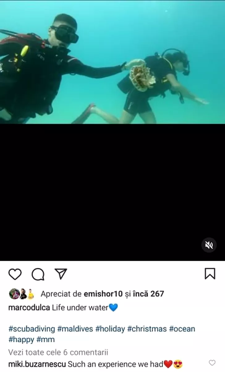 Mihaela Buzărnescu și Marco Dulca, scooba-diving în Maldive. Sursă foto: Instagram Marco Dulca