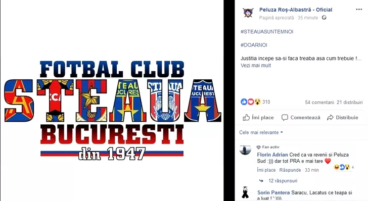 Mesajul postat de Peluza Roș-Albastră după decizia Curții de Apel București în cazul mărcii Steaua