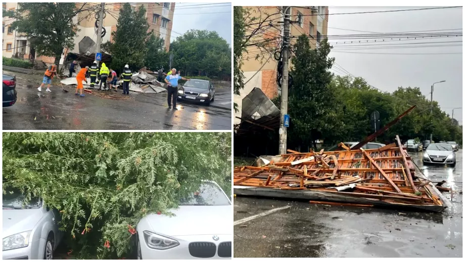 Vijelia a facut prapad in Craiova Acoperisul unui bloc a zburat masinile au fost lovite de copacii cazuti