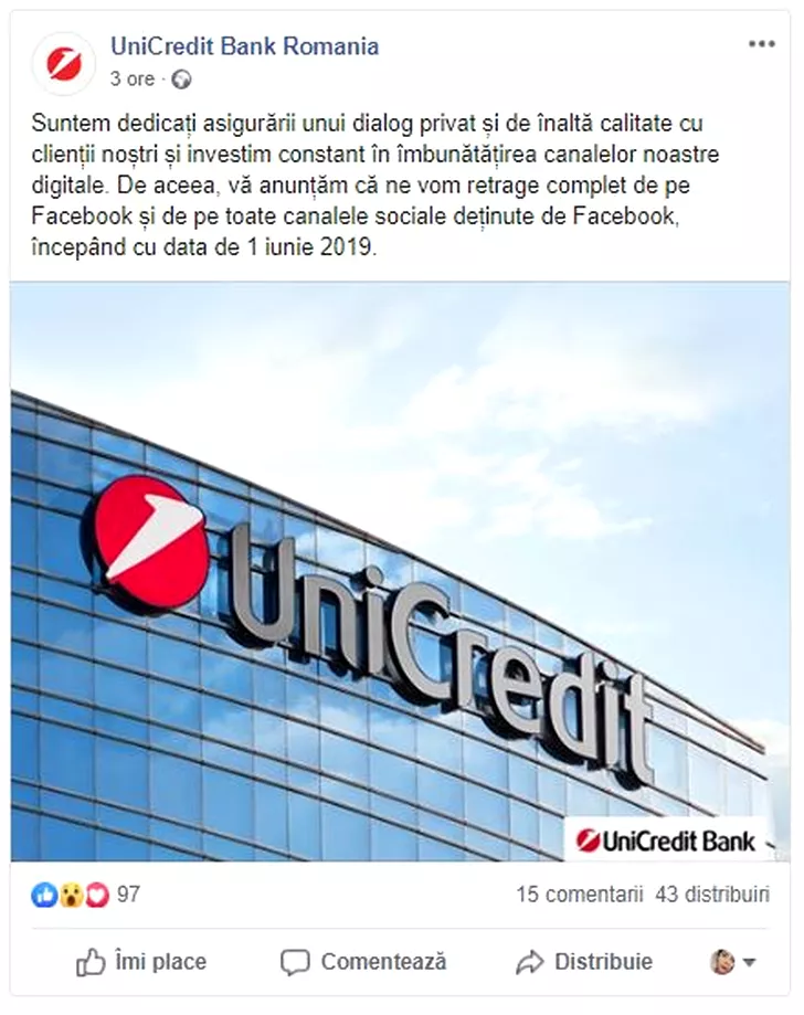 UniCredit se retrage de pe Facebook. De ce a luat banca această decizie
