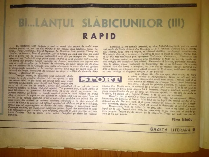 Articol Fănuș Neagu despre Rapid