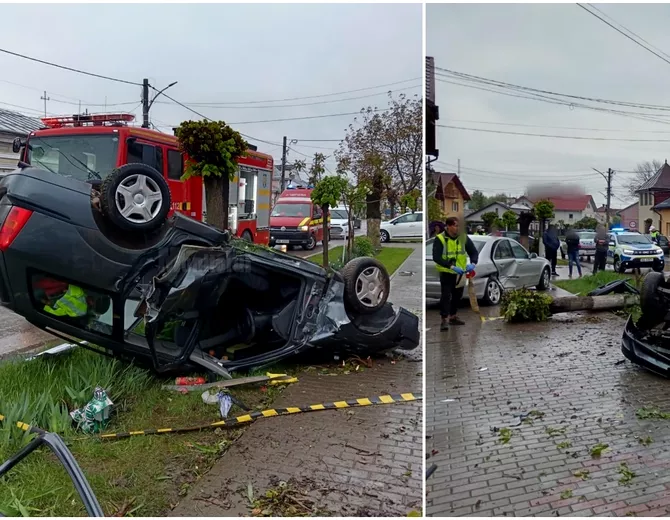Video Accident spectaculos la Radauti o femeie sa dat peste cap cu masina Autoturismul a rupt un copac si a avariat o teava de gaz