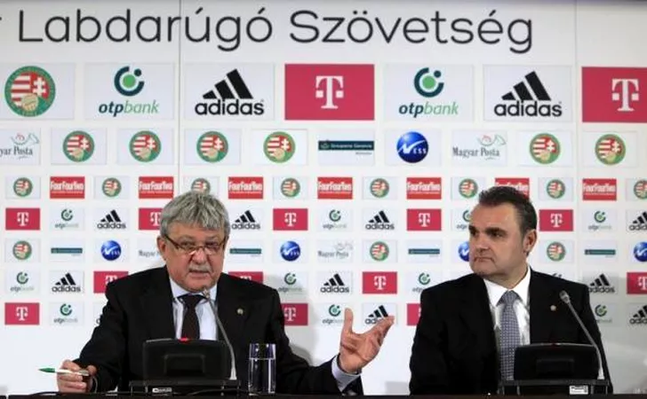 Csanyi, Chairman of the Hungarian Football Association, and Pinter, new national coach of the Hungarian national football team, attend a news conference in Telki