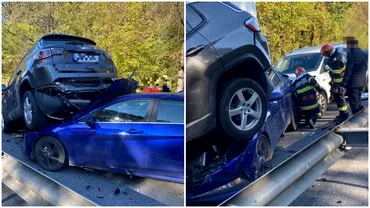Accident spectaculos pe A1 Bucuresti  Pitesti cu 5 masini implicate Un autoturism a fost strivit Foto