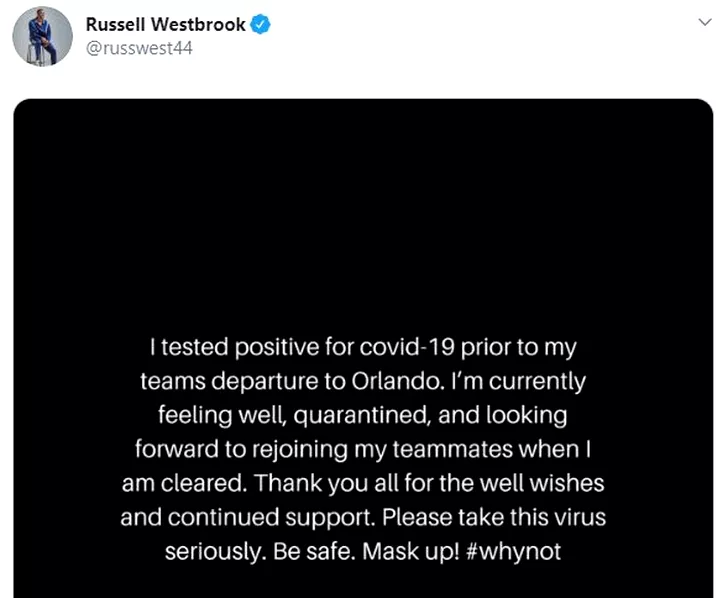 Russel Westbrook din NBA are Covid-19. FOTO: twitter