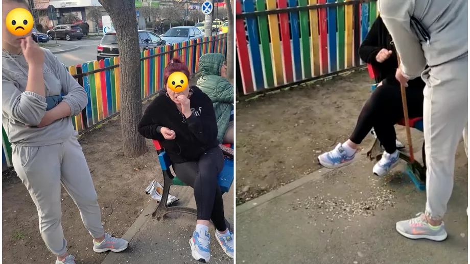 Doua mame din Craiova puse sa mature un loc de joaca dupa ce au fost prinse ca aruncau cojile de seminte pe jos Imagini virale