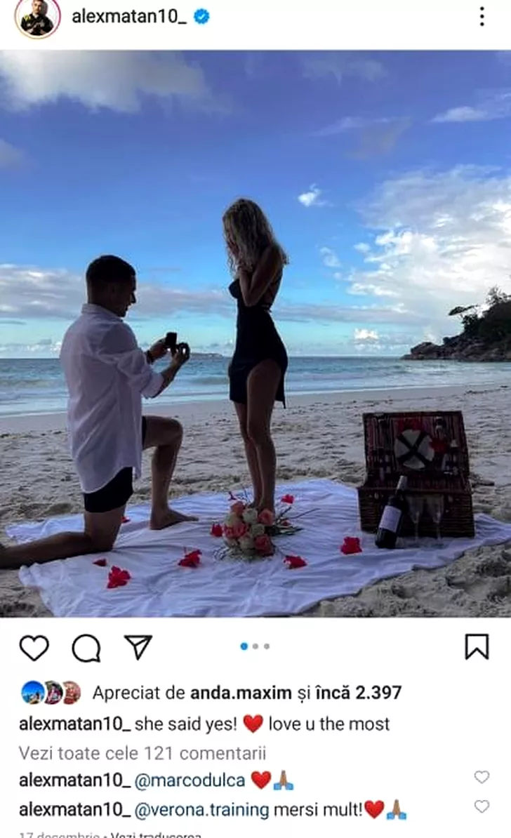 Alex Mățan și-a cerut iubita de soție în Seychelles. Sursă foto: Instagram Alex Mățan