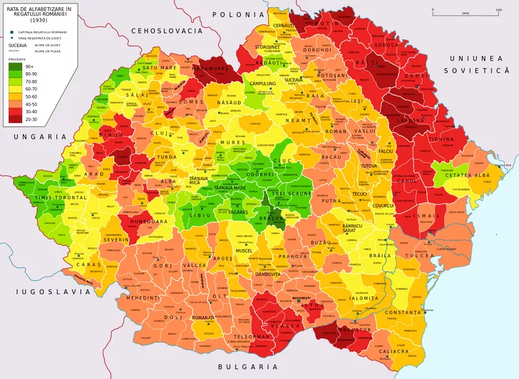 Harta alfabetizării din România anului 1930. Sursa foto: Wikipedia.