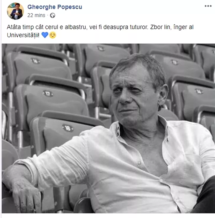 Mesajul apărut pe pagina de Facebook a lui Gică Popescu după moartea lui Ilie Balaci. Postarea Baciului